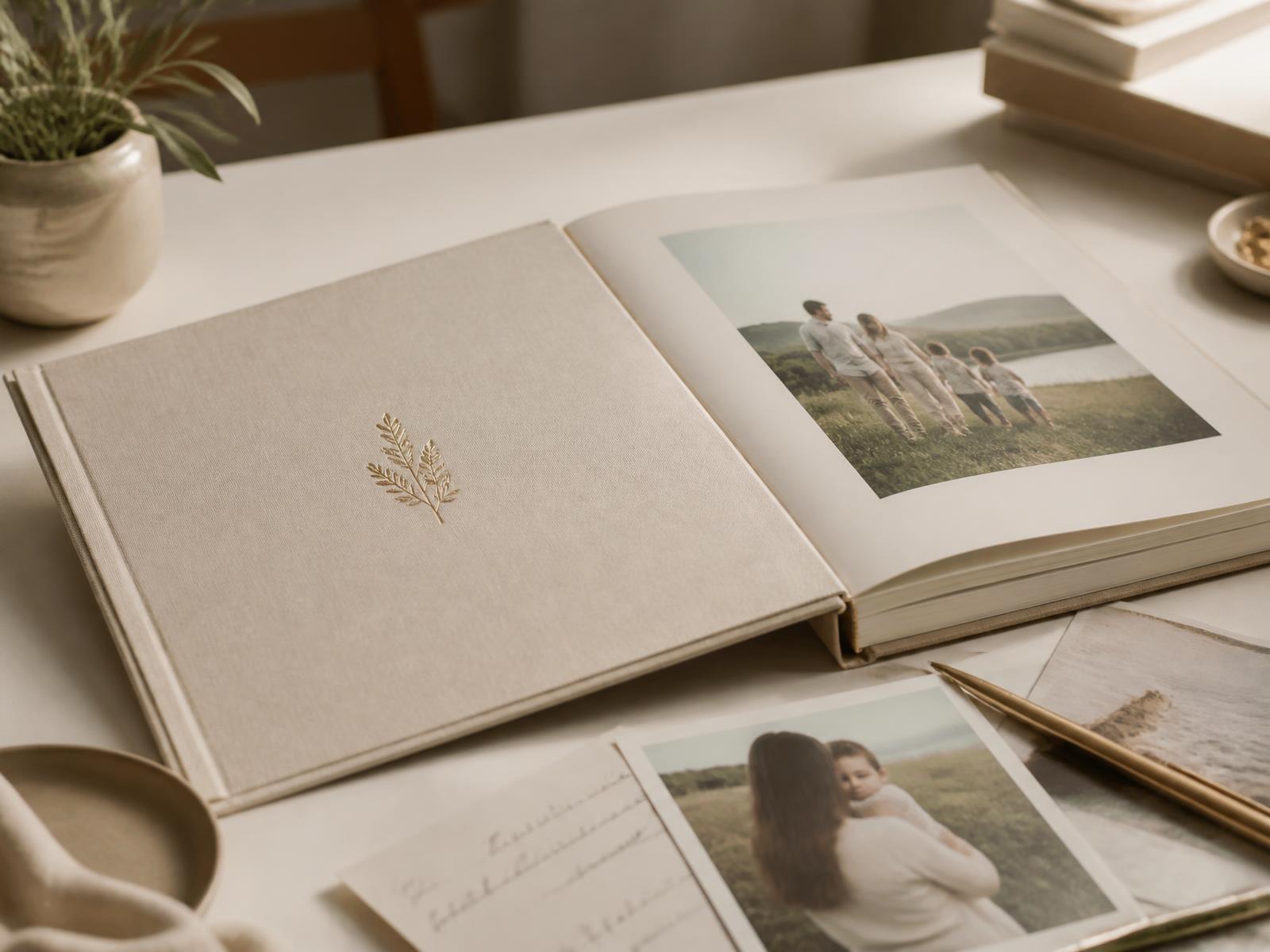 An open linen-bound keepsake book with printed family photographs and handwritten notes
