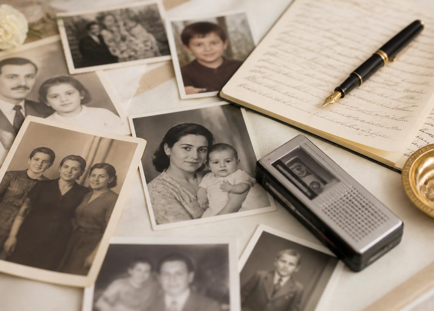Family photographs across generations beside a voice recorder and a handwritten journal